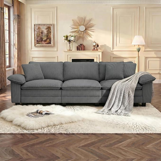 PHI VILLA Modular Couches Sets, 123.6" Cloud Sectional Sofa with Upholstered Deep Seat, 3-Seater Couch for Living Room Apartment, Corduroy Fabric, Grey