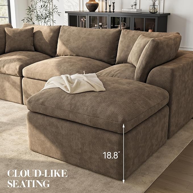 Cloud Sectional Couches for Living Room | 108 Inch U-Shaped Boneless Couch with Ottoman | Brown Modular Sectionals Sofa Couch