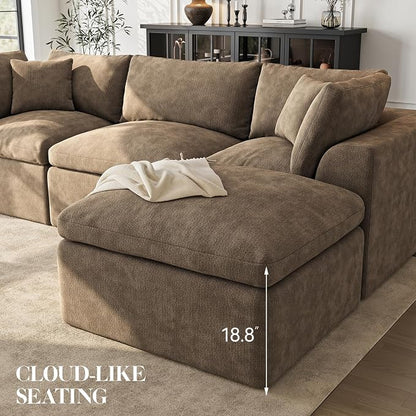 Cloud Sectional Couches for Living Room | 144 Inch L-Shaped Boneless Couch with Ottoman | Brown Modular Sectionals Sofa Couch