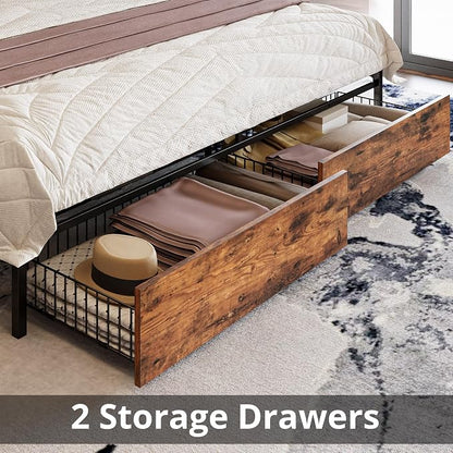 LIKIMIO King Size Bed Frame with 2 Drawers and Charging Station | Platform Bed with Upholstered Storage Headboard, No Box Spring Needed, Easy Assembly, Sturdy, Vintage Brown and Black