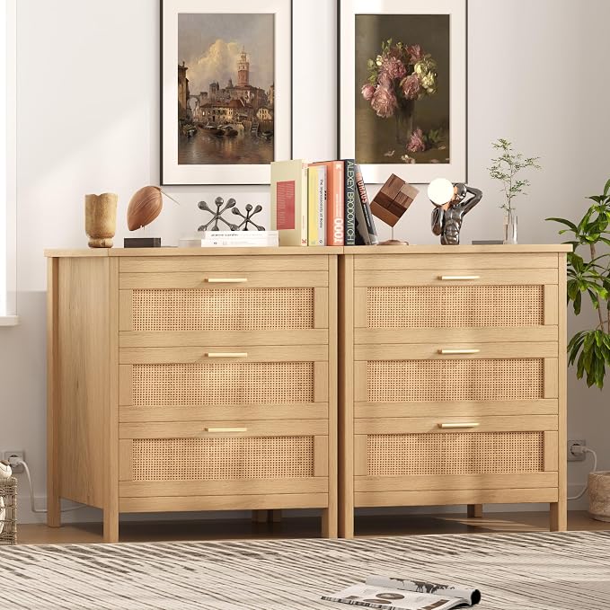 Keehusux Rattan Nightstand with Charging Station, 23.6" Wide Bedside Table with 3 Drawers, Boho Night Stand with Metal Handles, Accent End Table for Bedroom, Guest Room, Natural