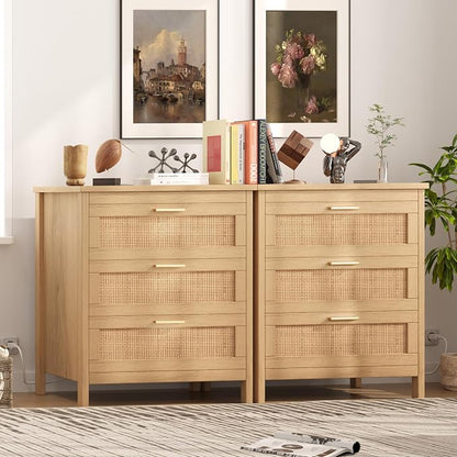 Keehusux Rattan Nightstand with Charging Station, 23.6" Wide Bedside Table with 3 Drawers, Boho Night Stand with Metal Handles, Accent End Table for Bedroom, Guest Room, Natural