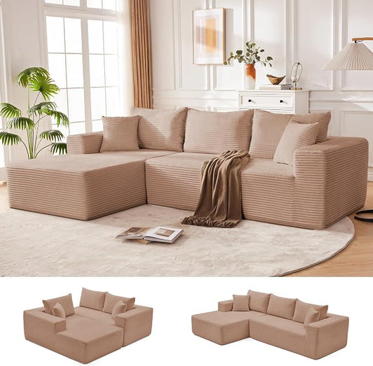 Mangodan 110” Cloud Sectional Couch, Modular Sectional Sofa for Living Room, Boneless Sofa with Deep Seat, Comfy Fluffy Couch with L-Shaped Chaise, No Assembly Required (Left-Facing Chaise, Camel)