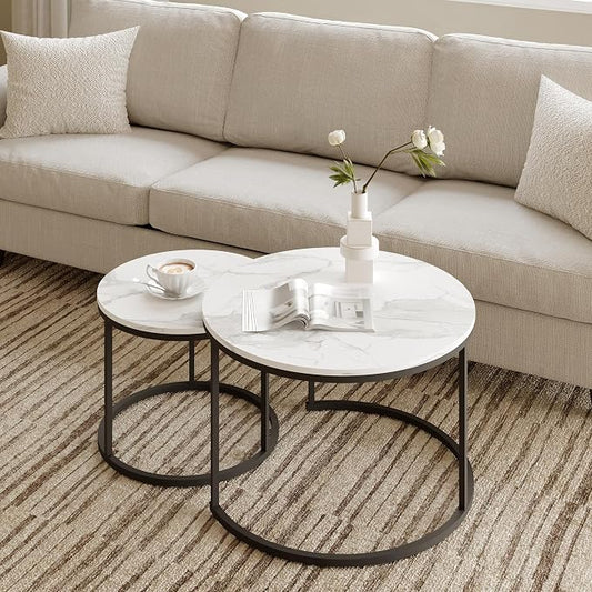 Living Room Side Table, Round Coffee Tables for Living Room, Modern Nesting Drink for Small Spaces, Set of 2 (Marble)