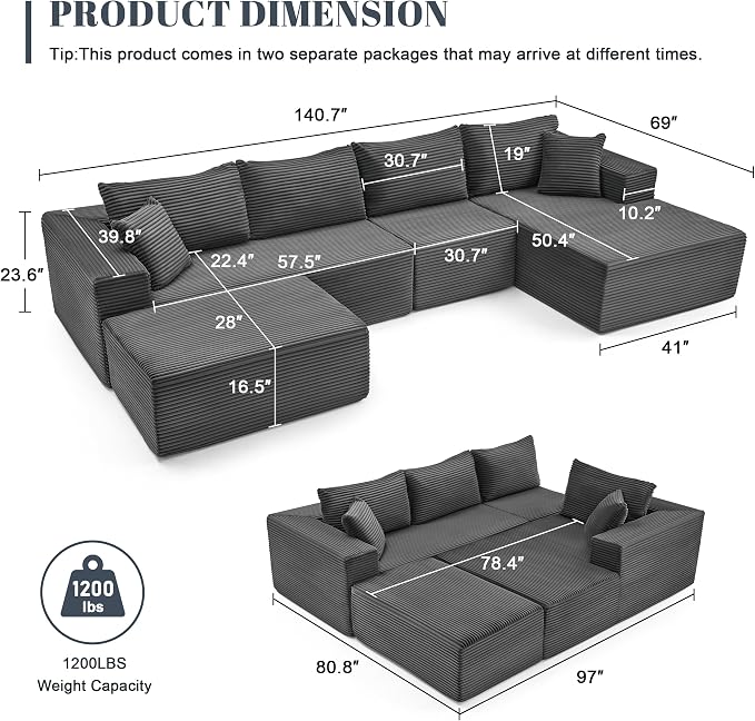 Mangodan 140” Cloud Sectional Couch, Boneless Sofa for Living Room, Modular Sectional Sofa with Deep Seat, Comfy Fluffy U-Shaped Couch with Right-Facing Chaise, No Assembly Required, Grey