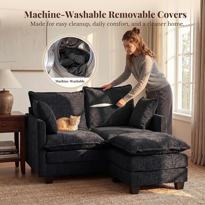 Loveseat Sofa with Ottoman, Cloud 3-Layer Cushion, 27" Deep Seat Love Seat Small Couch with 2 Pillows for Small Spaces, Bedroom, Apartment, Office, Living Room, in a Box, 50-Inch Black