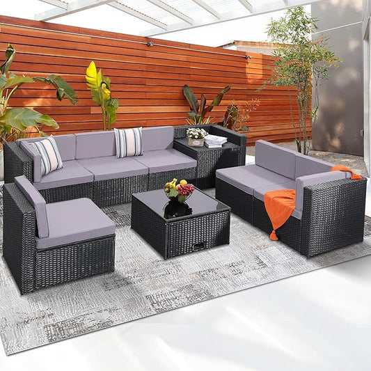 KROFEM 8-Piece Patio Furniture Set, Outdoor Wicker Rattan Sectional with Thick Cushions, Glass Top Table with Hidden Storage, Outdoor Conversation Set for Backyard, Porch, Patio, Black and Grey