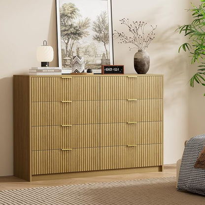 Furniway Mid Century Modern Dresser for Bedroom, 8 Drawer Wood Dresser with Fluted Front, 55" Wide Chest of Drawers for Closet, Living Room, Hallway, Natural Oak