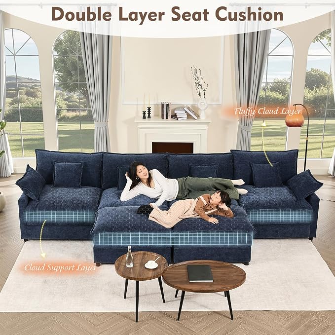 GOSUHI 142.5" U-Shaped Modular Cloud Couch, Deep Seat, Chenille Navy | Cloud Comfort, Couches for Living Room, Removable & Machine-Washable Covers, Movable Ottoman, Modular Sectional Sofa