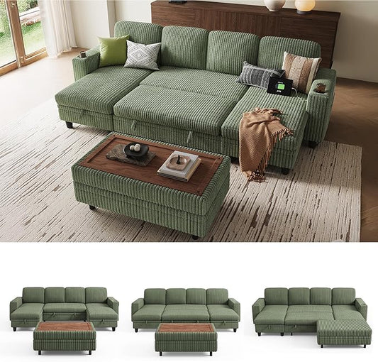 LINSY HOME Sectional Sleeper Sofa with Pull Out Couch Bed for Living Room (Green) | Plush Corduroy