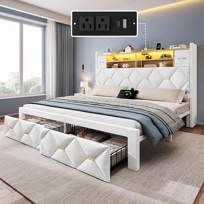 DWVO Queen Size Bed Frame with 2 Storage Drawers and Storage Headboard, Upholstered Platform with Charging Station and LED Light, No Box Spring Needed, Noise Free, Easy Assembly, Velvet White