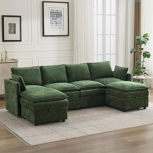 105" Cloud Modular 4 Seater Sofa with 2 Storage Ottoman, Modern Upholstered Sofa Storage Sofa Couch Deep Seat, U Shape Sectional Sofa Chenille Comfy Couch with Armrests for Living Room, Green