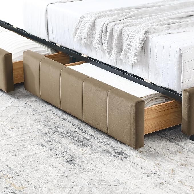 Bellemave Full Size Corner Bed Frame with Storage Drawers, Comfortable Backrest and Armrests, Velvet Tufted Corner Bed Frame Full Size, Upholstered Daybed for Bedroom, Living Room, Guest Room, Brown