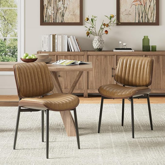 MALOL Leather Dining Chairs Set of 2, Modern Upholstered Dining Room Kitchen Chairs with Metal Legs and Wooden Back Support for Home Dining Room/Restaurant, Light Brown