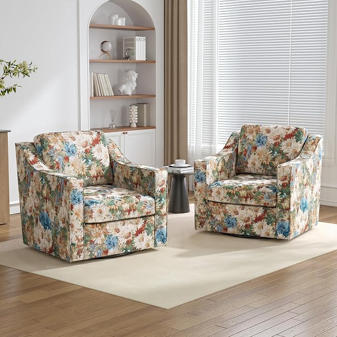 Swivel Accent Chairs Set of 2, 360° Swivel Upholstered Club Armchairs for Living Room, Comfy Fabric Single Sofa Reading Chair with Deep Seat, Metal Swivel Base, Orange Blooms