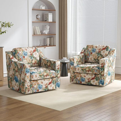 Swivel Accent Chairs Set of 2, 360° Swivel Upholstered Club Armchairs for Living Room, Comfy Fabric Single Sofa Reading Chair with Deep Seat, Metal Swivel Base, Orange Blooms