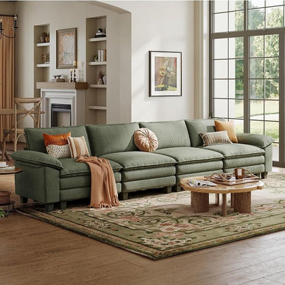 LINSY HOME 157'' Modular Sectional Sofa 4 Seat Couch Corduroy Cloud Couch with Deep Seat, Modern Cloud Couch for Living Room, Office, Bedroom, Green