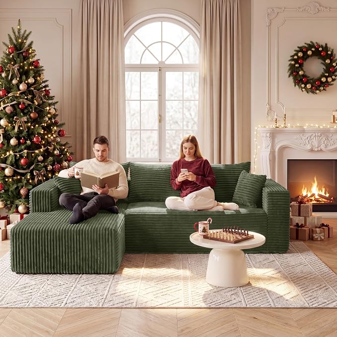92.5" L Shaped Modular Sectional Sofa, Boneless Cloud Couch with Deep Seat Chaise, Compressed Corduroy Memory Foam Sofas, No Assembly, 3 Seater Couch for Living Room, Apartment, Bedroom