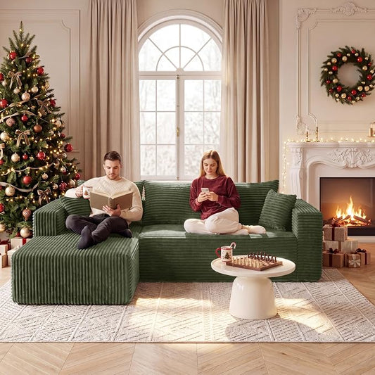 92.5" L Shaped Modular Sectional Sofa, Boneless Cloud Couch with Deep Seat Chaise, Compressed Corduroy Memory Foam Sofas, No Assembly, 3 Seater Couch for Living Room, Apartment, Bedroom