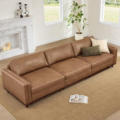 CHITA 118” Super Large Luxury Sectional Modular Sofa, Down Filled, 3 Seat Couch, Faux Leather in Camel