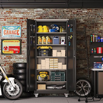 Metal Garage Storage Cabinet with Wheels, Lockable Steel Organizer with Pegboard Doors & 5 Adjustable Shelves for Garage, Warehouse, 71x32x16 Inches, Black, Assembly Required