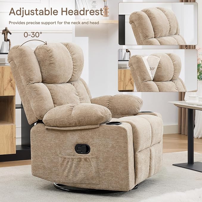Swivel Rocker Recliner Set of 2,Rocking Recliner Chair with Adjustable Headrest for Adults,Upholstered Fabric Rocking Chair Swivel for Bedroom,Living Room,Brown