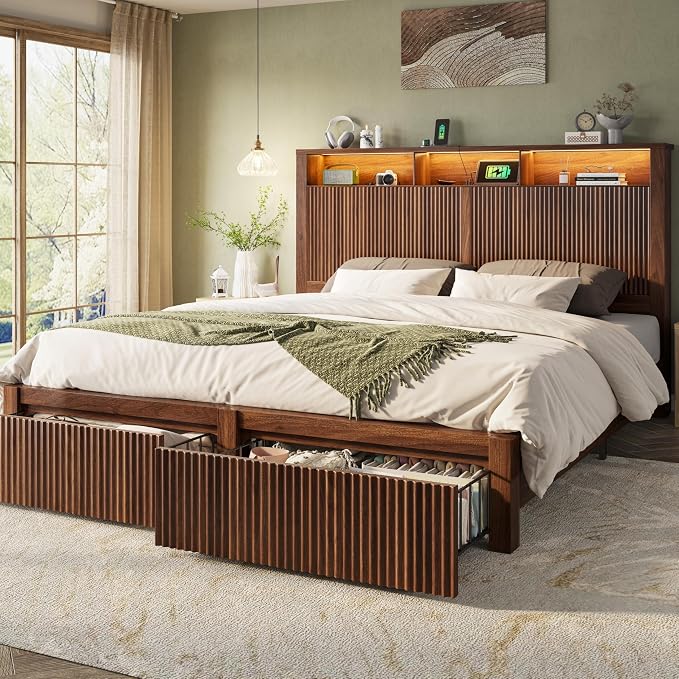 CypBed King Size Bed Frame and Headboard& 2 Storage Drawers, King Bed Frame with LED Light and Charging Port, Farmhouse Wavy Design, Wood & Metal Platform, Noise-Free, No Box Spring Needed, Walnut