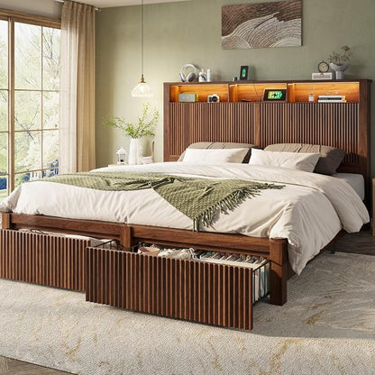 CypBed King Size Bed Frame and Headboard& 2 Storage Drawers, King Bed Frame with LED Light and Charging Port, Farmhouse Wavy Design, Wood & Metal Platform, Noise-Free, No Box Spring Needed, Walnut