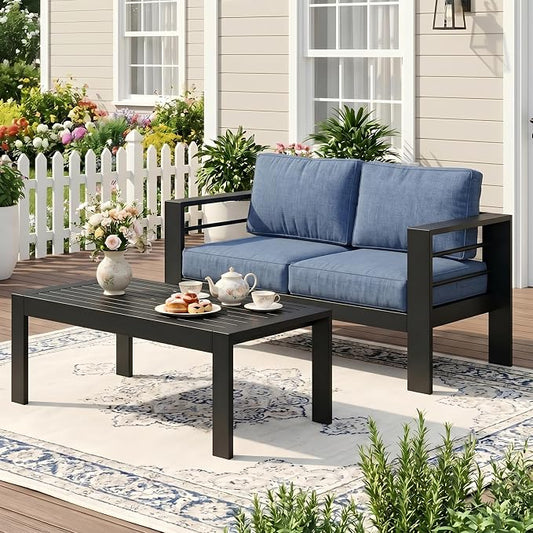 Wisteria Lane Aluminum Outdoor Sofa, 2 Pieces Patio Couch All-Weather Rust-Proof Modern Metal Patio Furniture with 5" Thick Olefin Cushions, Light Grey