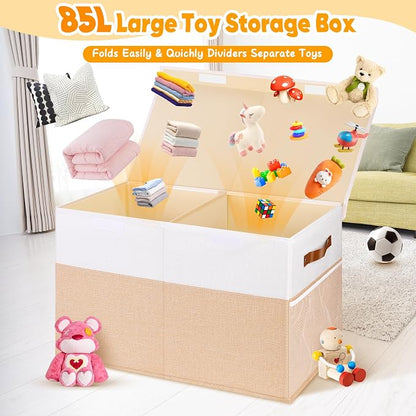 Mabahoo Large Toy Box, Collapsible Sturdy Storage Chest With Lids, Kids Toy Chest Storage Organizer Toddler Bin Boxes for Living Room, Bedroom, Nursery, 25"x13"x16", Beige & White