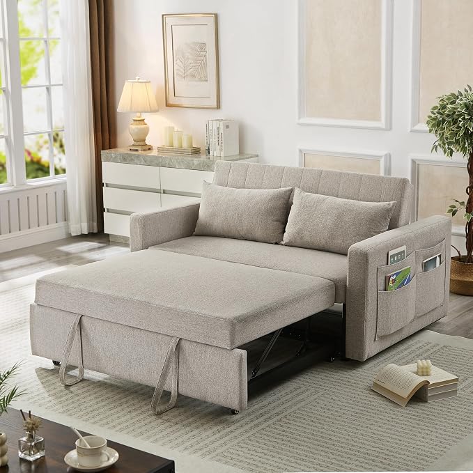 55.5" Fabric Convertible Sofa Bed, Pull Out Sleeper Sofa Bed, Loveseat Couch with Side Pocket, 3 in 1 Convertible Sleeper Sofa Bed for Living Room, Apartment, Bedroom, RV, Light Grey