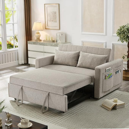 55.5" Fabric Convertible Sofa Bed, Pull Out Sleeper Sofa Bed, Loveseat Couch with Side Pocket, 3 in 1 Convertible Sleeper Sofa Bed for Living Room, Apartment, Bedroom, RV, Light Grey