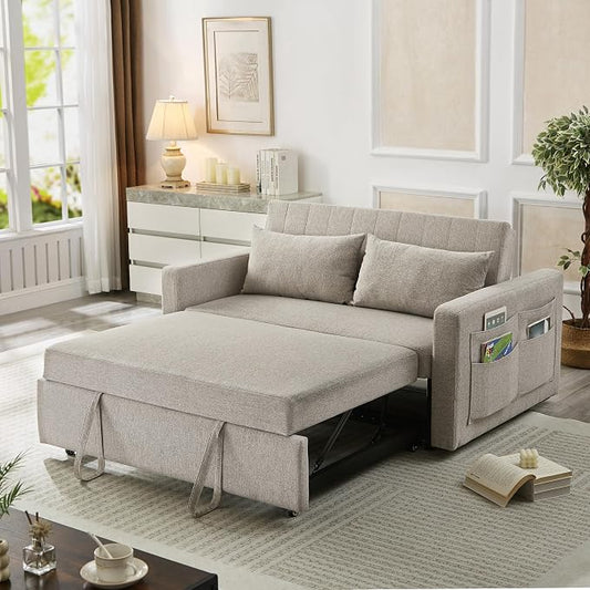 55.5" Fabric Convertible Sofa Bed, Pull Out Sleeper Sofa Bed, Loveseat Couch with Side Pocket, 3 in 1 Convertible Sleeper Sofa Bed for Living Room, Apartment, Bedroom, RV, Light Grey