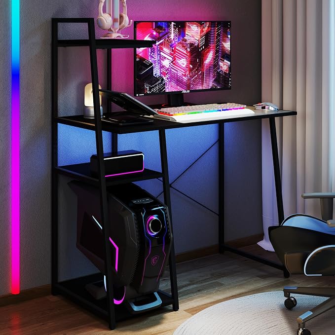 Tangkula Computer Desk with Shelves, Space Saving Home Office Desk with 3-Tier Ladder Shaped Storage Bookshelf, Modern Writing Study Desk with Metal Frame, Compact Computer Workstation (Black)