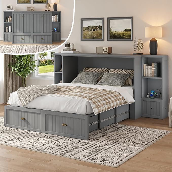 AMERLIFE Full Size Murphy Bed with Bedside Tables, Foldable Cabinet with 3 Storage Drawers & Charging Station, Farmhouse Hideaway Bed for Bedroom/Office/Guest Room, Grey