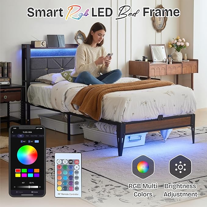 Twin Size Bed Frame with Headboard, Upholstered Platform Bed Frame with Charging Station, Dual LED Light Strips, 2-Tier Storage Shelves, Heavy Duty Metal frame, Noise-Free, No Box Spring Needed, Black