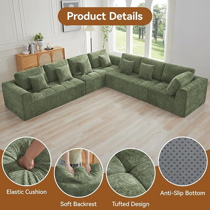 140''Modular Sectional Couches for Living Room, Cloud Boneless Compressed Sectional Sofa, Oversized L Shaped 7 Seater Upholstered Memory Foam Sofa, No Assembly, Chenille Green