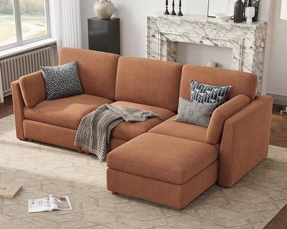Oversized Modular Sectional Sofa L-Shaped Cloud Couches Brown | 116'' Deep Seat Couch for Living Room, 4-Seater Luxury Corner sofa with Ottoman, Solid Wood Frame, Removable Washable Cover