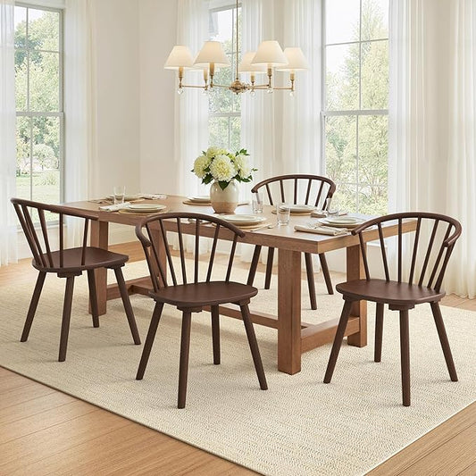 LUE BONA Walnut Dining Chairs Set of 4, Farmhouse Wood Dining Chairs with Semicircular Backrest, Spindle Dining Chair for Kitchen and Dining Room, 18 Inch