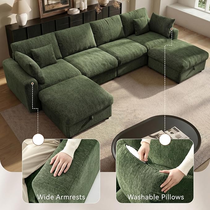 Ihanherry 141" Oversized Cloud Sectional Couches for Living Room, Modular Sectional Sofa with Wide Deep Seat, U Shaped Couch with Throw Pillow and Storage Ottoman, Green