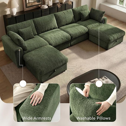 Ihanherry 141" Oversized Cloud Sectional Couches for Living Room, Modular Sectional Sofa with Wide Deep Seat, U Shaped Couch with Throw Pillow and Storage Ottoman, Green