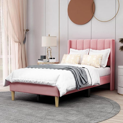 AGARTT Upholstered Platform Bed Frame Twin Size with Headboard and Footboard/Wooden Slats Support/No Box Spring Needed/Easy Assembly,Pink Velvet