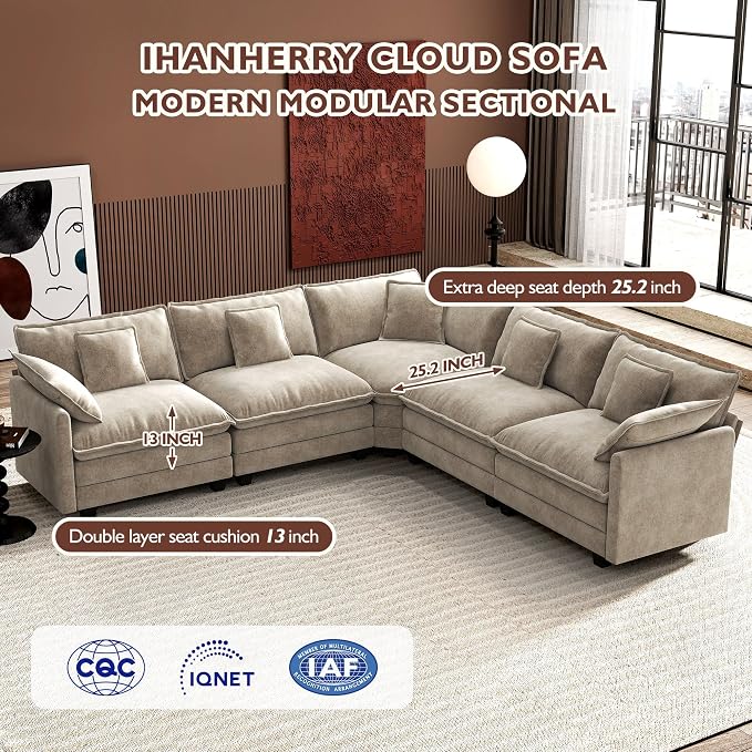 Ihanherry 114" V-Shaped Modern Sofa Modular Sectional Luxurious and Comfortable with Corner Section, 5-Seat Chenille Deep Seat Sofa with 5 Pillows for Living Room, Bedroom and Apartment, Sand