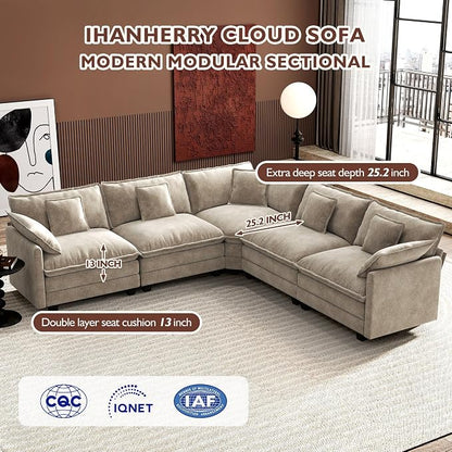Ihanherry 114" V-Shaped Modern Sofa Modular Sectional Luxurious and Comfortable with Corner Section, 5-Seat Chenille Deep Seat Sofa with 5 Pillows for Living Room, Bedroom and Apartment, Sand