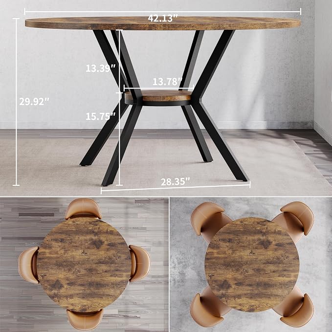 MECHYIN Round Dining Table for 2-4, 42 Inch Wood Kitchen & Dining Room Tables with Storage, Circle Dinner Table with Metal Legs, Space Saving Small Table for Dining Room, Kitchen, Rustic Brown