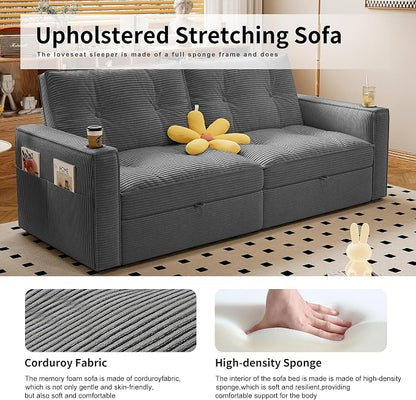 73.2'' Futon Sofa Bed Full Size, Pre-Assembled Pull Out Couch, Adjustable Backrest, Corduroy Convertible Sleeper Sofa, 2 Cup Holders, USB, Pockets, Loveseat for Living Room, Apartment, Grey | Soft Material