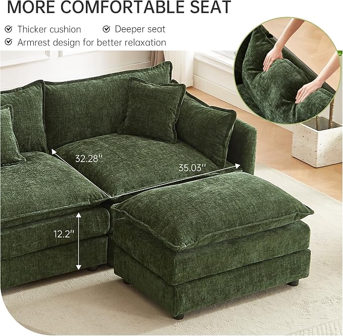 Modular Sectional Sofa, 112.2 Inch Rectangle Shaped Couch Set with Armrests, 3-Seater Comfy Cloud Couches for Living Room Apartment, Green