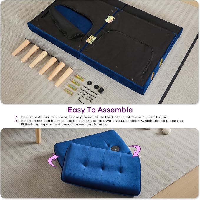 TYBOATLE 62.99" W Velvet Modern Convertible Folding Futon Couch Sofa Bed w/ 2 USB Charging Ports for Compact Living Space, Small Couches for Office, Dorm, RV Room, Apartment, Bedroom (Navy Blue)