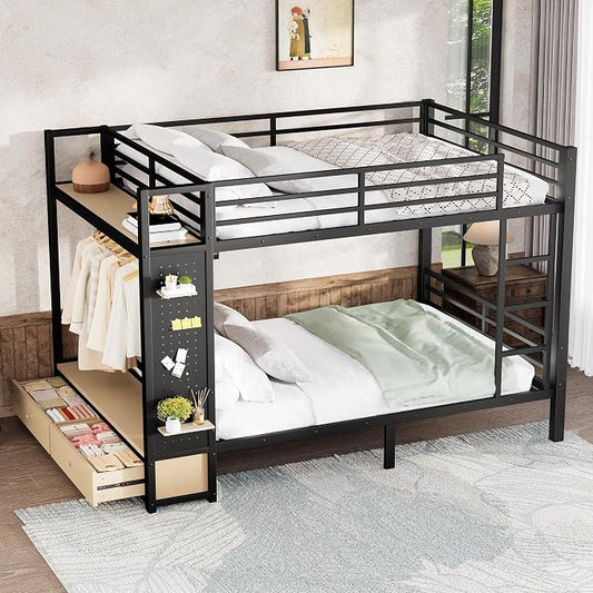 Bellemave Queen Over Queen Metal Bunk Bed with Storage Drawers and Shelves, Heavy Duty Bunk Beds with Pegboard and Coat Rack for Kids, Adults,Black