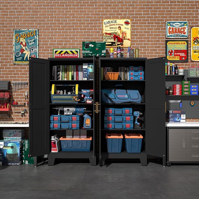 Black Metal Storage Cabinet, 61" Steel Cabinets for Home Office | Kitchen Pantry Storage Cabinet with Doors and 3 Adjustable Shelves, Metal Tool Cabinet, for Office, Home, Garage, School